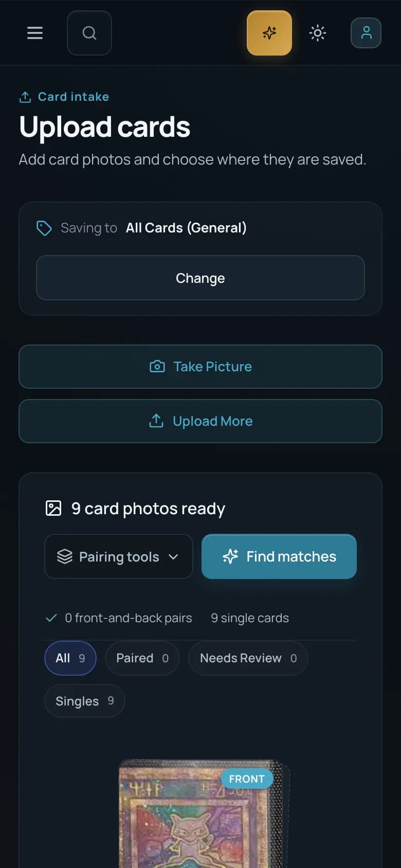 Nine card photos ready to identify in the Cardmatic upload batch