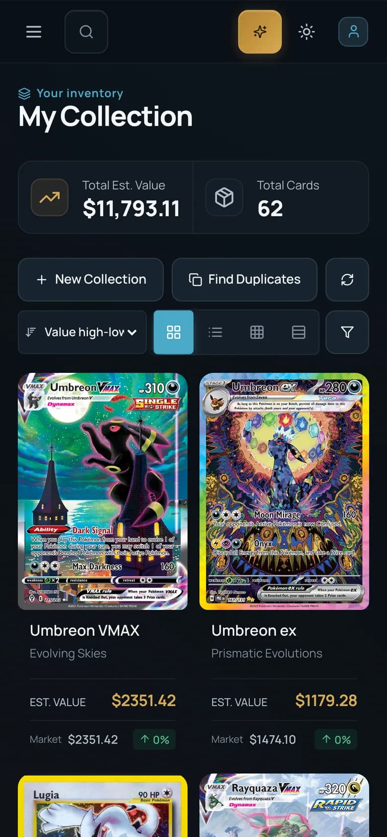 A sample Cardmatic collection on a phone sorted by value