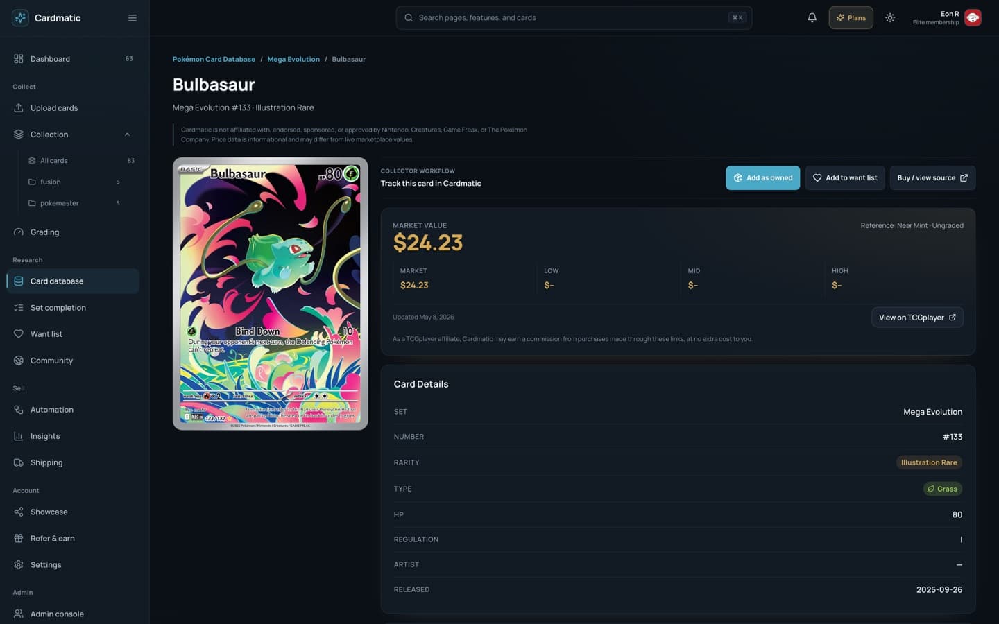 Cardmatic card detail page showing market pricing and catalog information